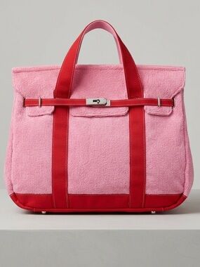 Pink & Red Terry Cloth Boatkin Tote Bag Turn Lock Closure Designer Style